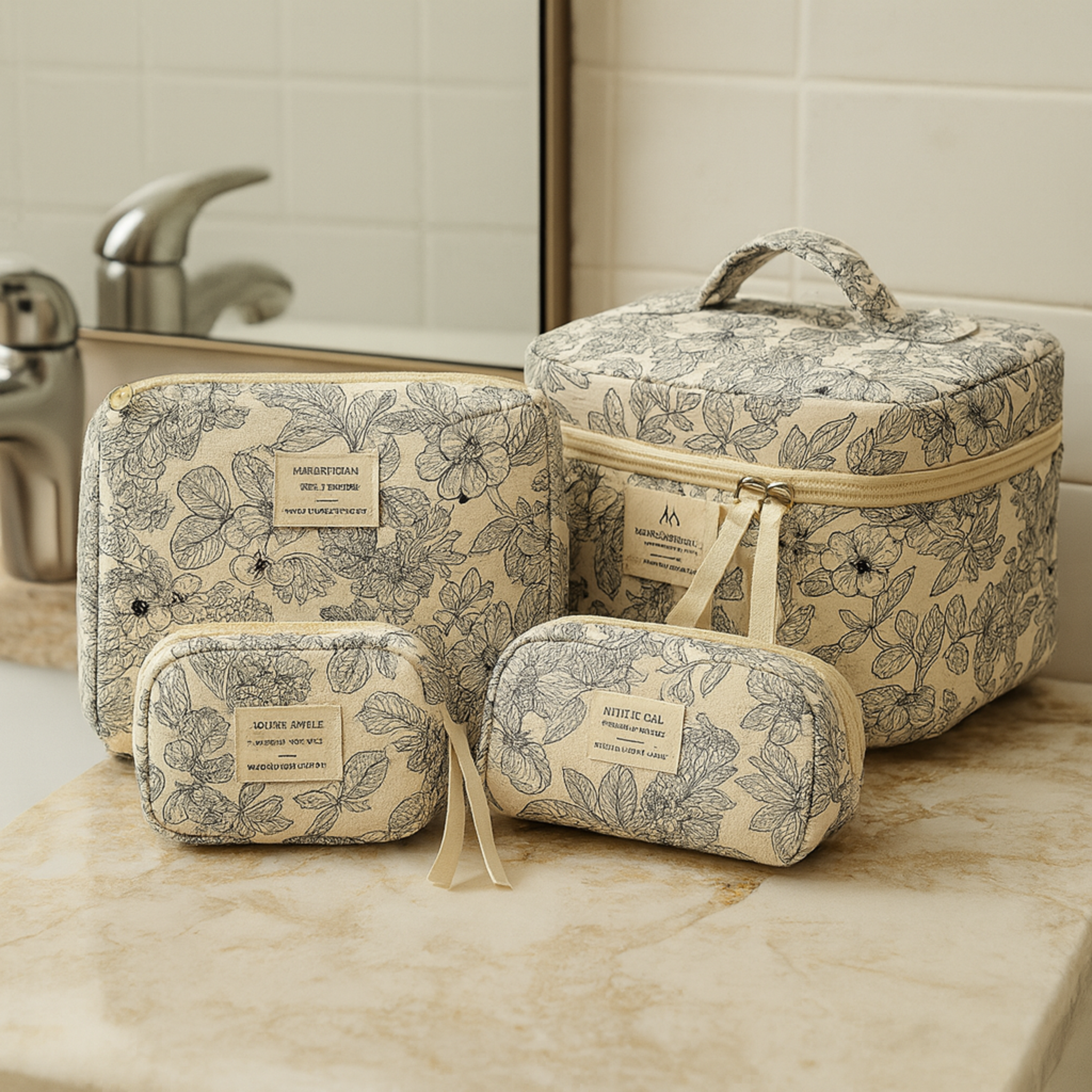 Vintage Floral Quilted Makeup Bag Set 4-Piece, Bags, Blomva