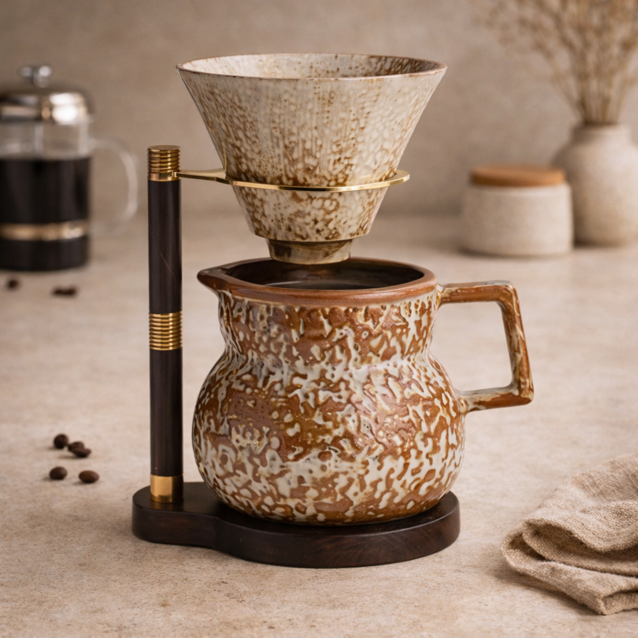 Pour Over Coffee Set Ceramic Dripper Wood Stand, Dark, Sets, Drivna