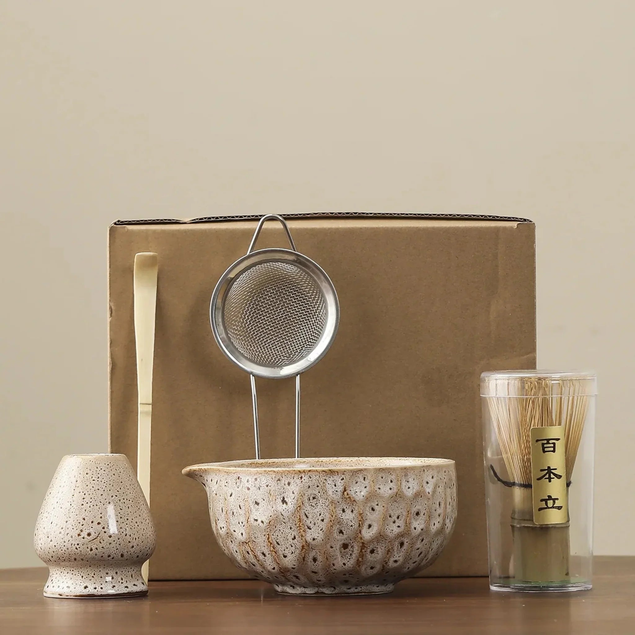 Elda Matcha Ceremony Set – 5-Piece Ceramic & Bamboo, Off-White, Drinkware Sets, Japanese Bowl