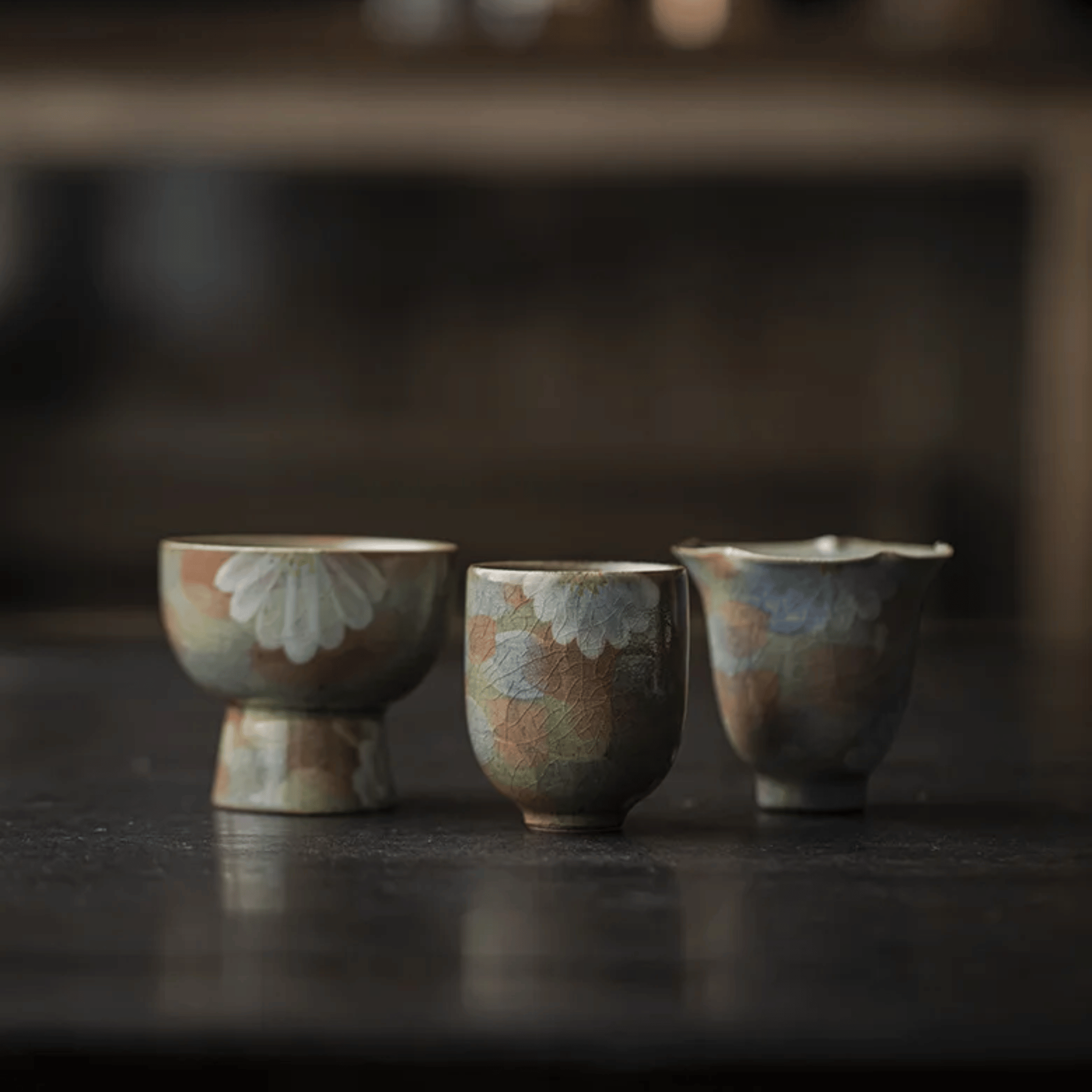 Glödra Artisan Ceramic Teacup Set for Tea Rituals, Drinkware Sets, Hand-Painted Wabi-Sabi