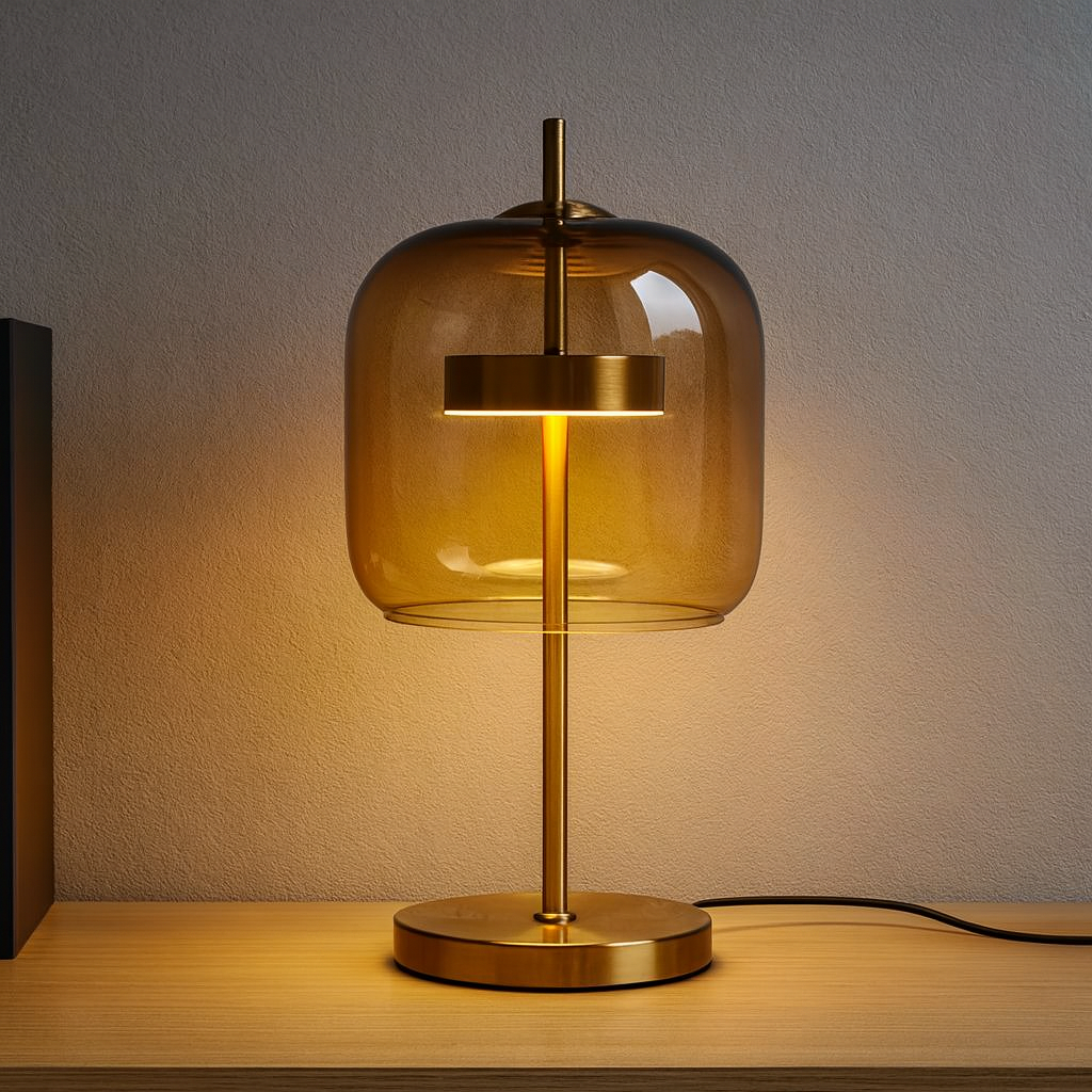 Nordic Stained Glass Table Lamp with Gold Base, Amber / Cold white, Lamps, Glora