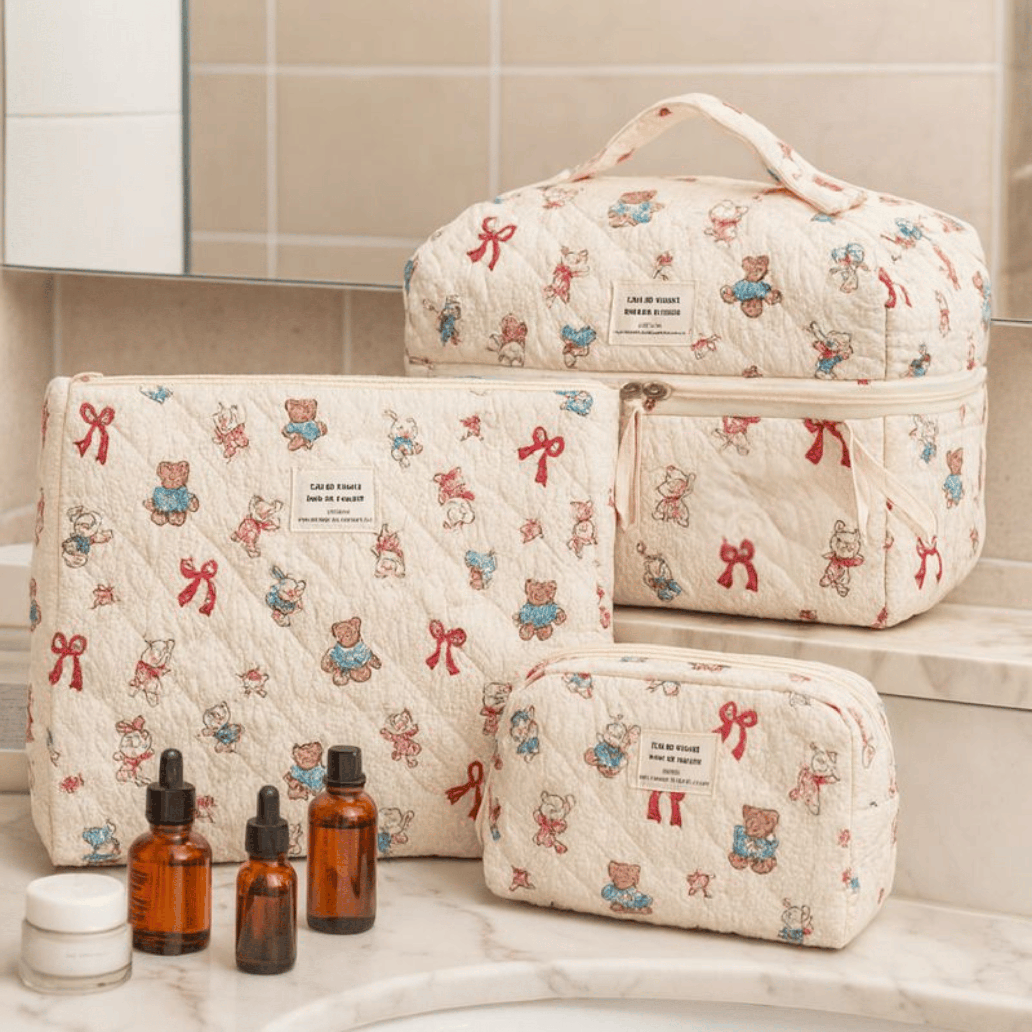 Kawaii Cartoon Makeup Bag Set 3-Piece Quilted, Bags, Mysa Cosmetic