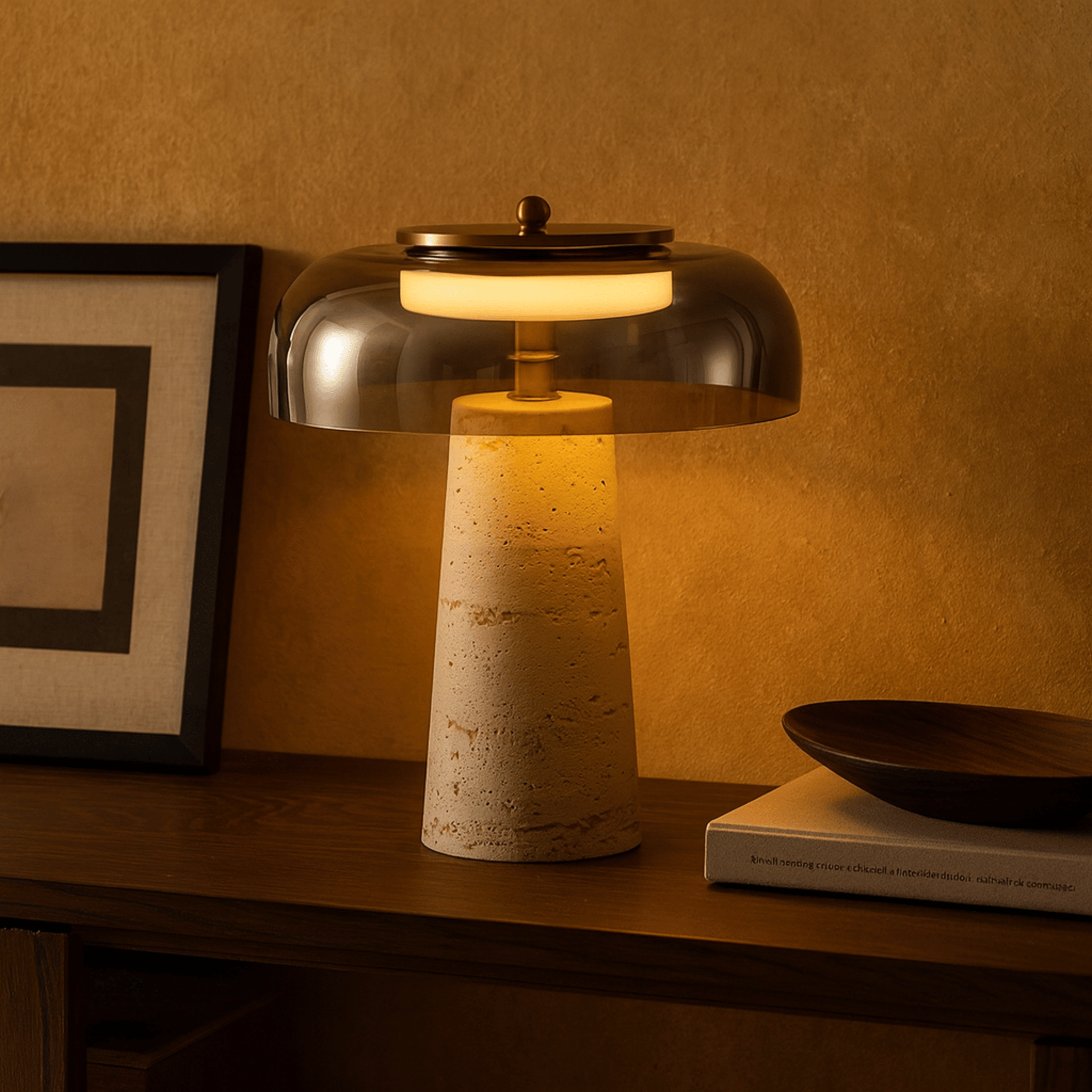 Natural Travertine Stone Table Lamp with 3-Color LED, Dark Gray, Lamps, Steina