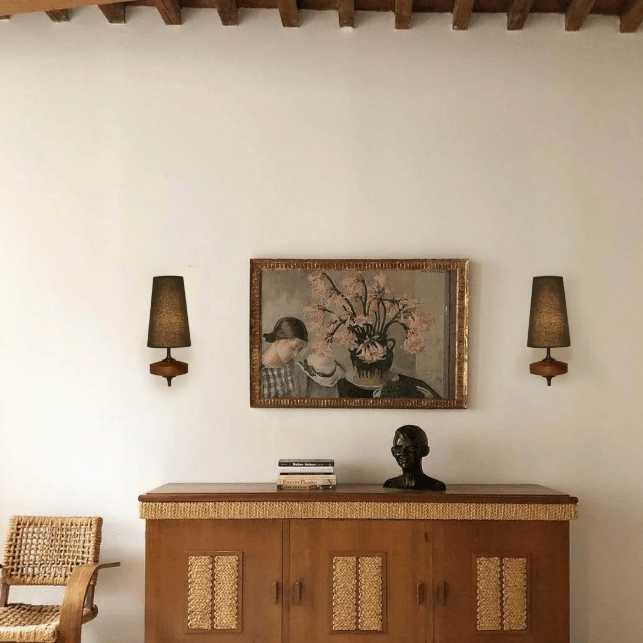 Handcrafted Nordic Fabric Wall Light with Wood Base, Fixtures, Vevra