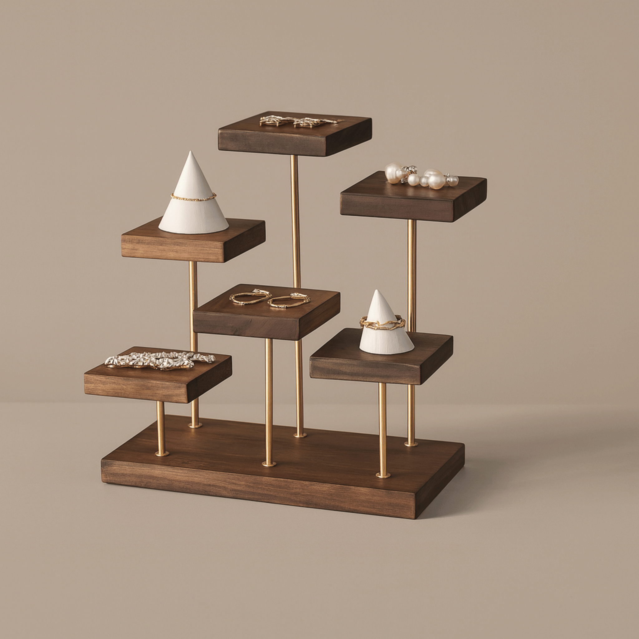 Vilma Black Walnut Jewelry Stand with Brass Accents, Multi-Level Square, Stands, Stepped Display