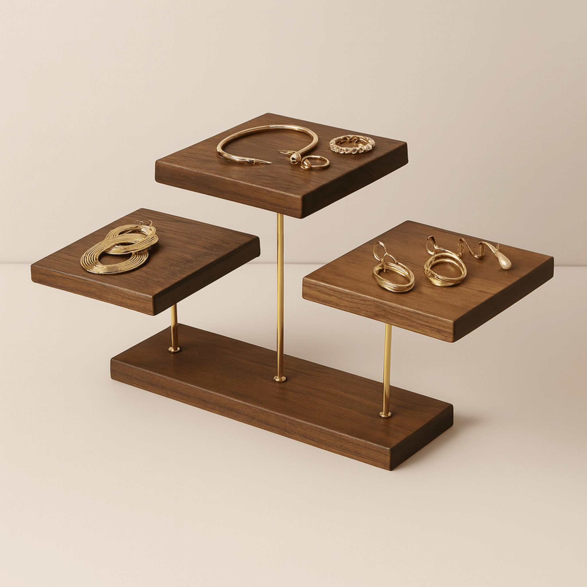 Vilma Black Walnut Jewelry Stand with Brass Accents, Triple Platform, Stands, Stepped Display