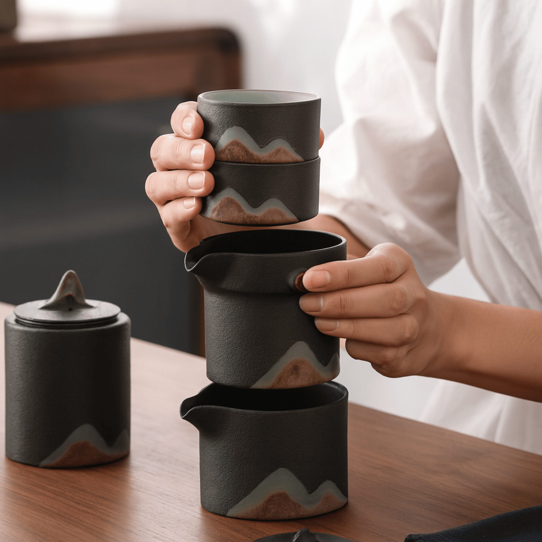 Hand-Painted Ceramic Tea Set with Travel Bag Gift, Sets, Fjella Mountain