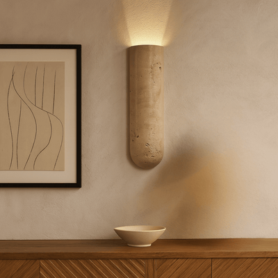 Translation missing: nl.Glodsten Natural Travertine Wall Lamp - LED Sconce, Lampshade Up, Light Fixtures, Carved Stone