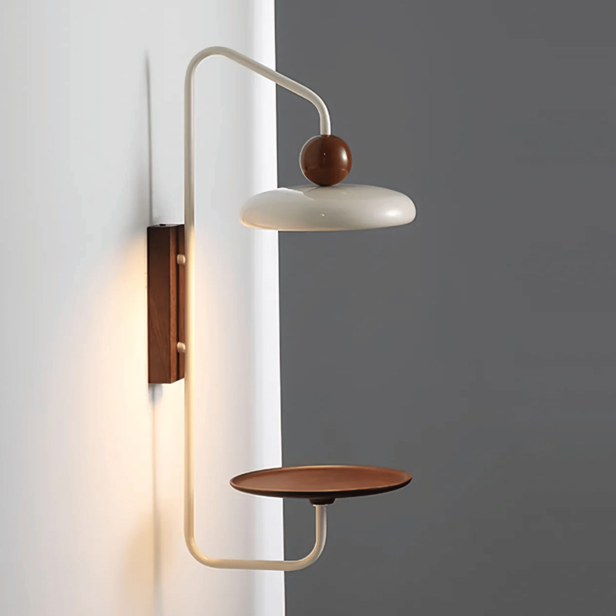 Modern White Wall Light with Dark Wood Base Sconce, Fixtures, Kveldra