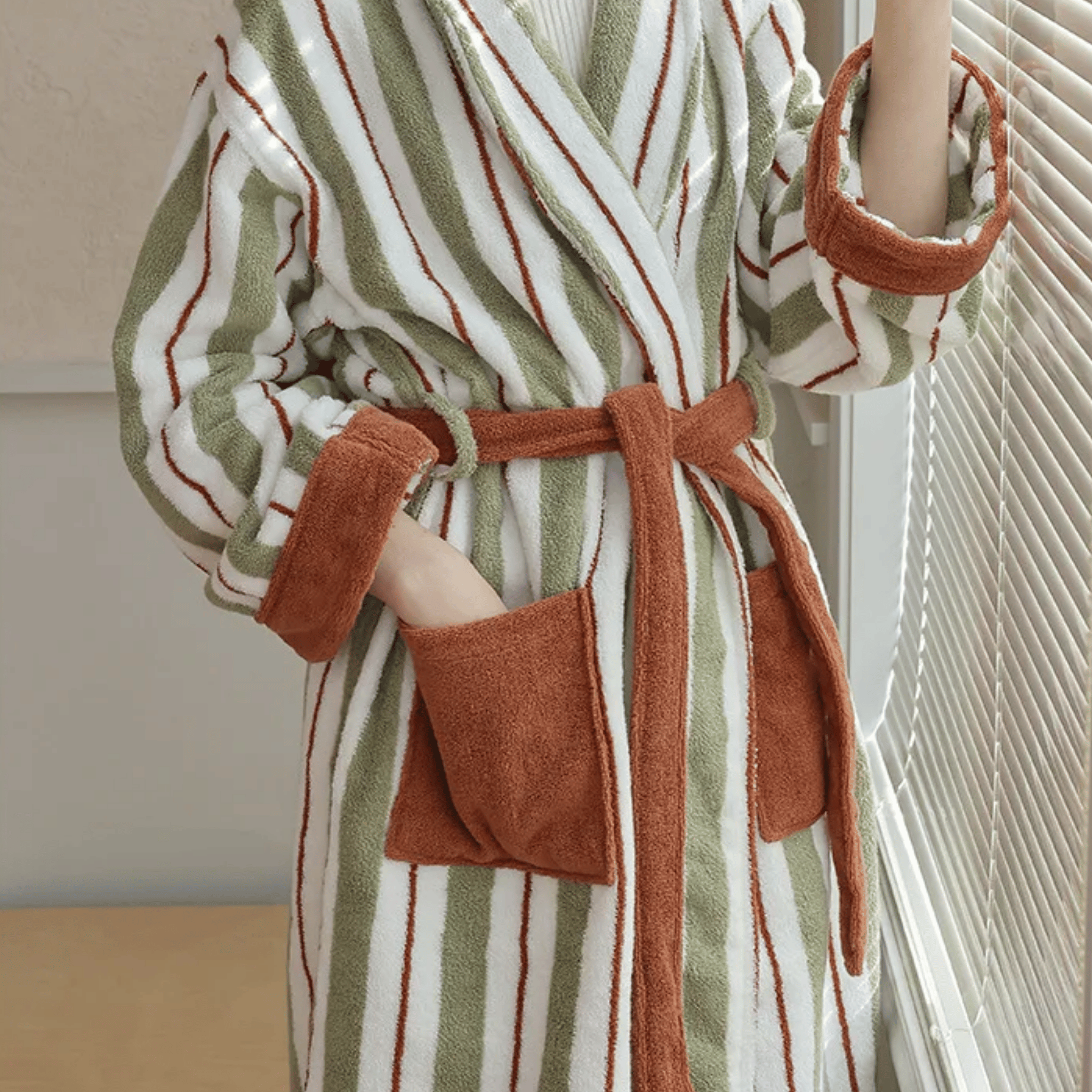 Mjuka Luxury Organic Cotton Bathrobe for Hotel Spa, Rust & Khaki, Robes, Jacquard