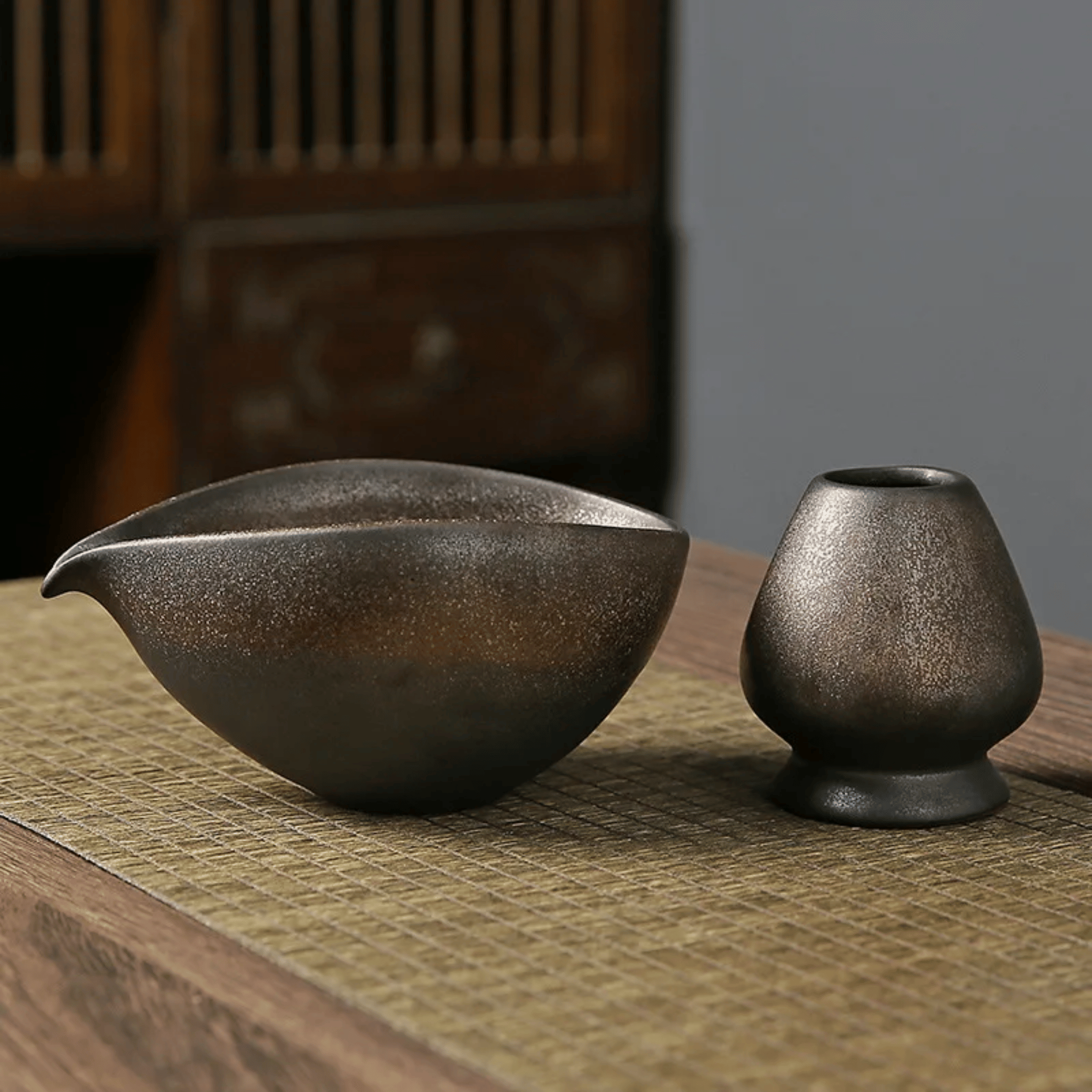 Japanese Matcha Tea Ceremony Set with Ceramic Bowl, Charcoal Rust, Sets, Rovik 4-Piece