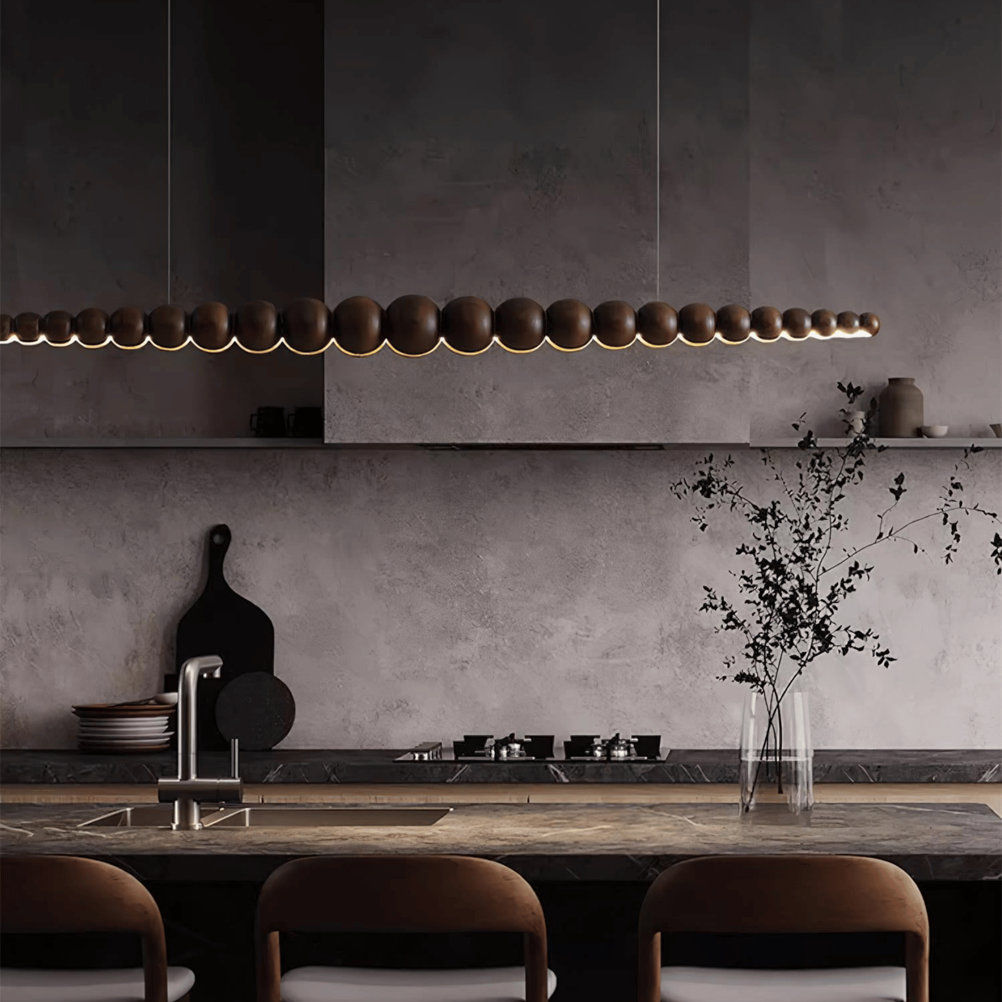 Dark Wood Dimmable Linear Pendant Light by Skonne, Large, Ceiling Fixtures, Treslys
