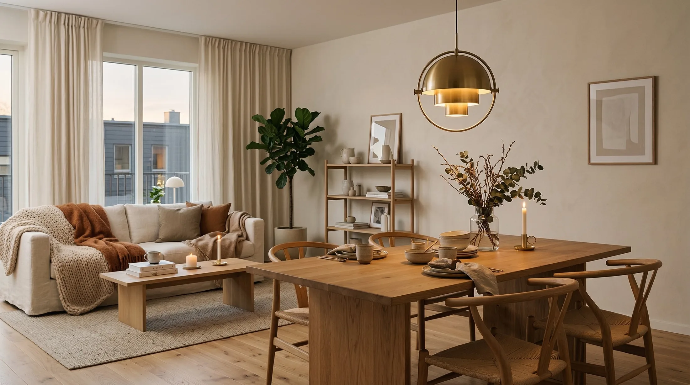 Scandinavische woonkamer verlicht door een messing hanglamp