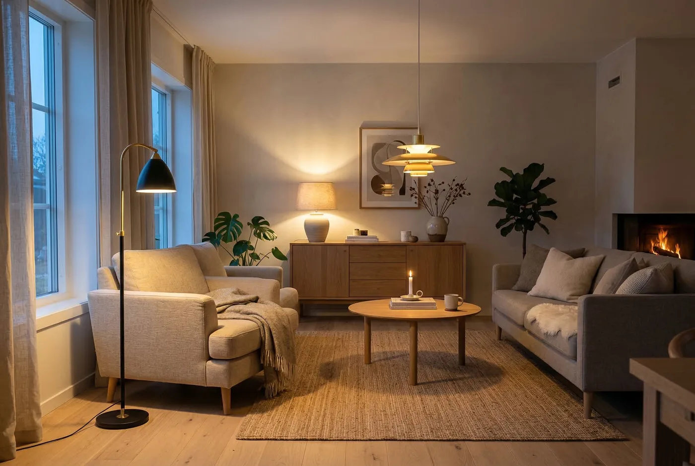 Woonkamer verlicht door een vloerlamp, een tafellamp en een hanglamp