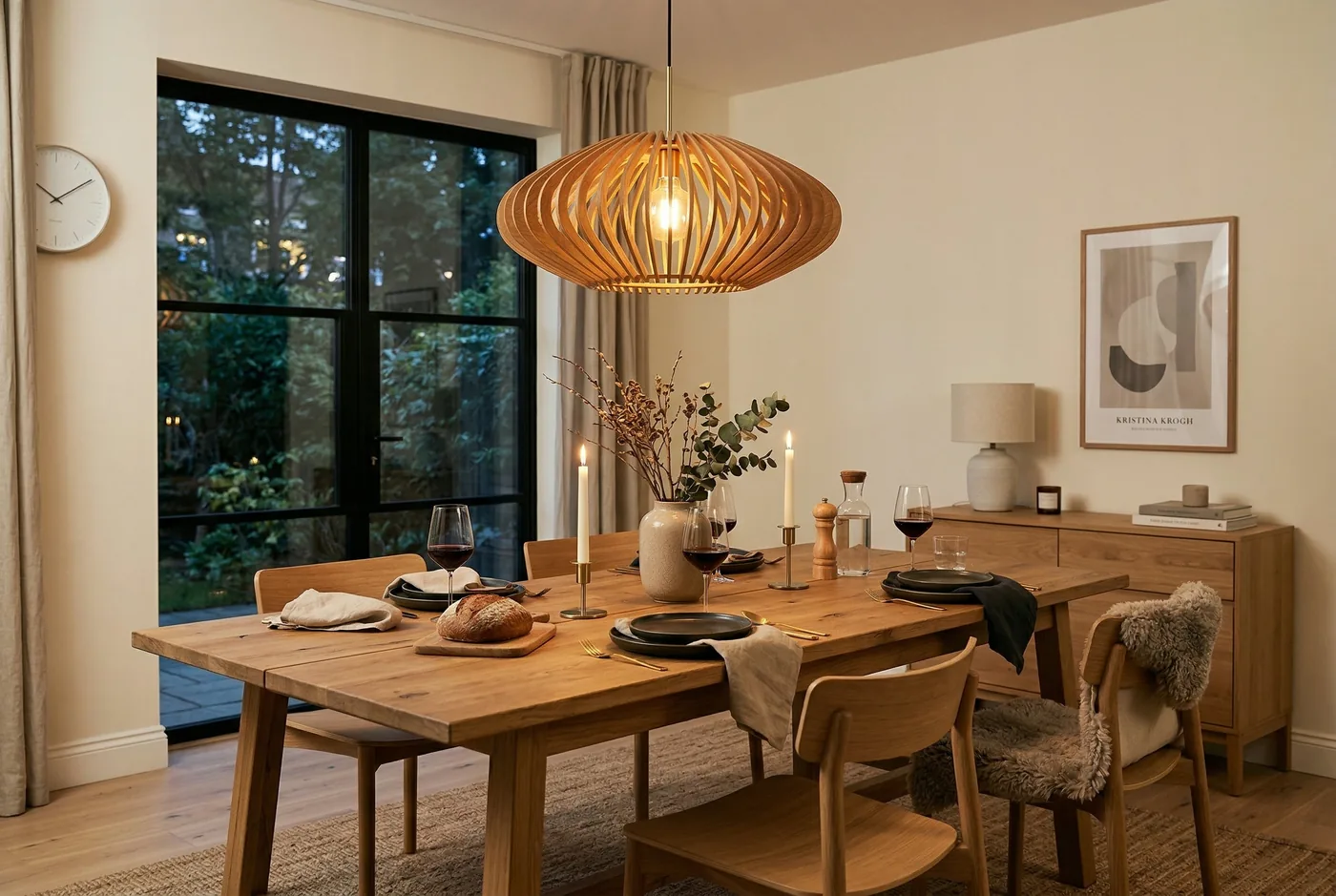 Eetkamer met een hanglamp van gevlochten hout boven de tafel